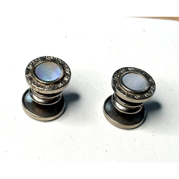Antique Silver Tone & Mother Of Pearl Cufflinks With Ornate Design - Picture 1 of 9